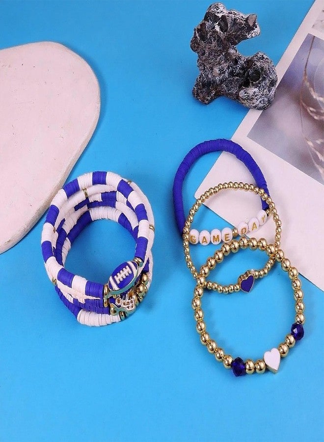 Xeyau Game Day Bracelets for Women Football Mom Accessories Gameday Outfits Red Black Blue Heishi Beaded Stretch Stacking Bracelets Sports Jewelry A-Blue+White - Image 5